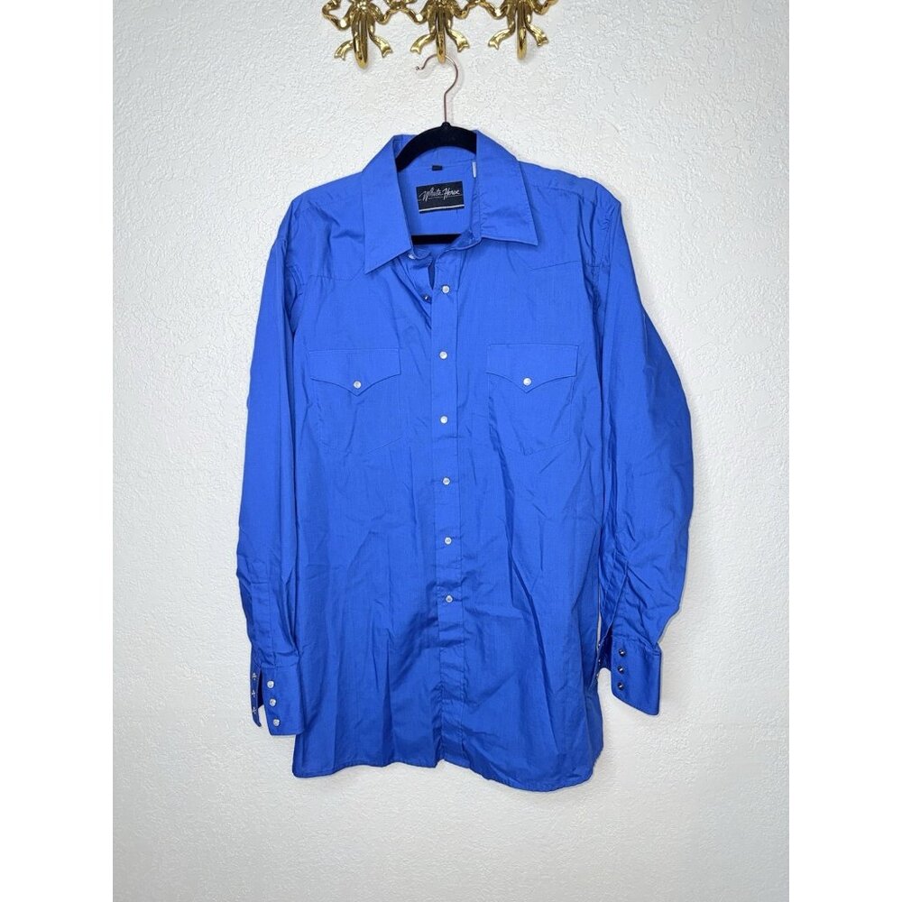 Vtg. White Horse Ranch Western Shirt Button Down Size Large Blue Pearl Snap 2A